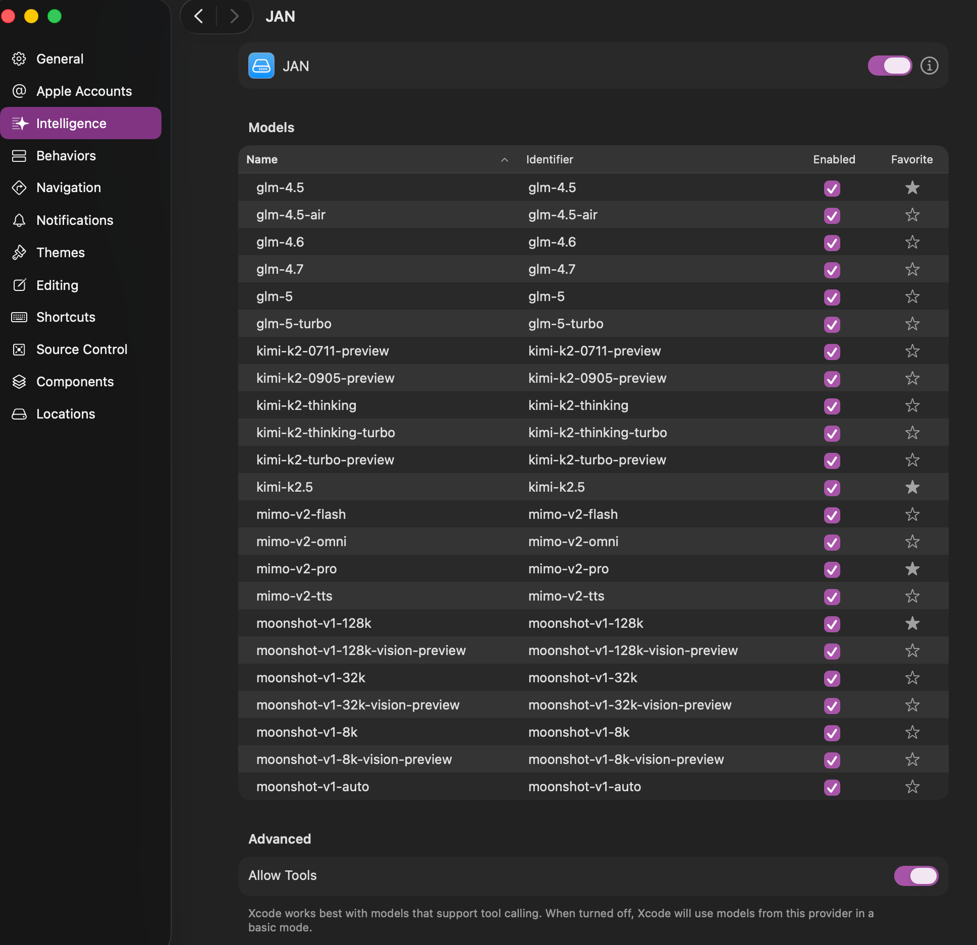 Xcode AI models settings