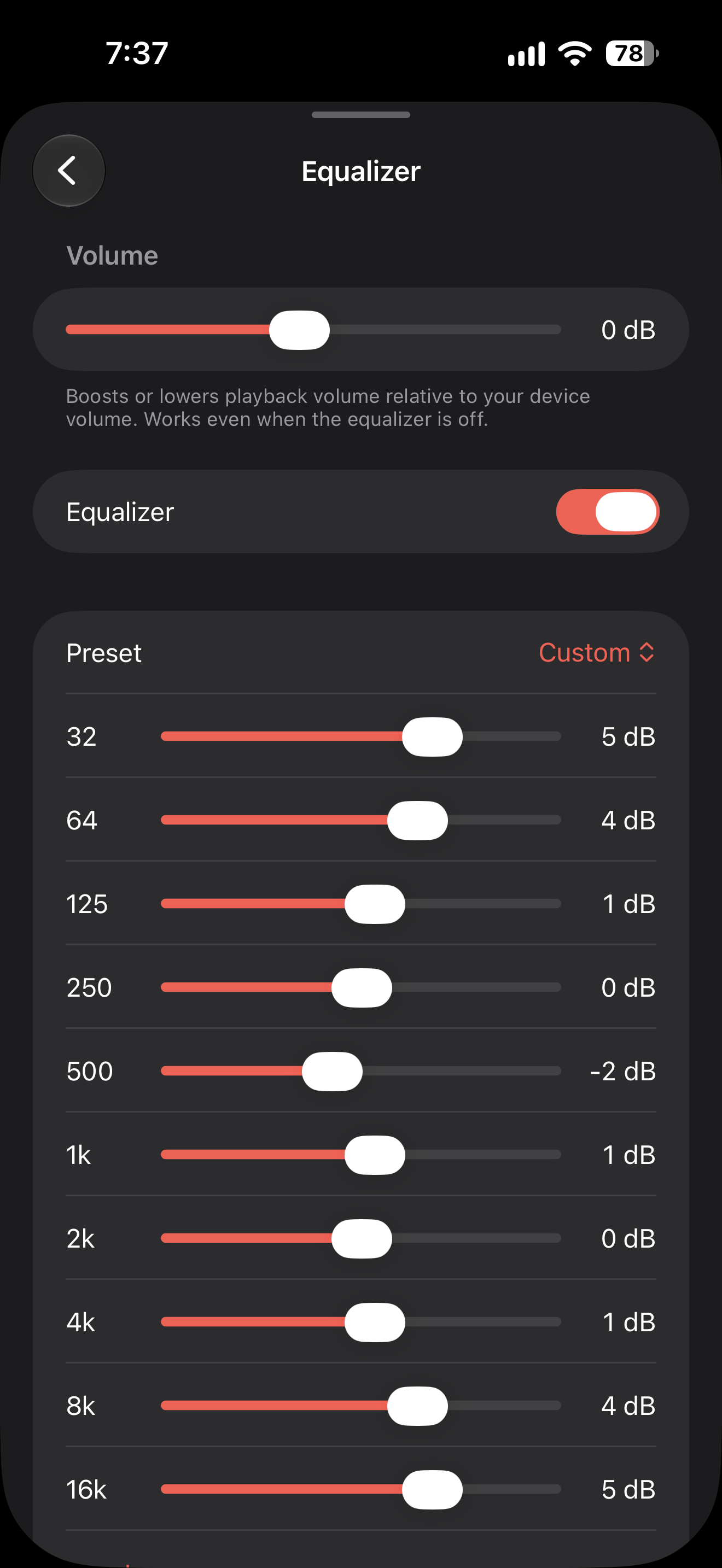 Equalizer with ten frequency bands and preset picker