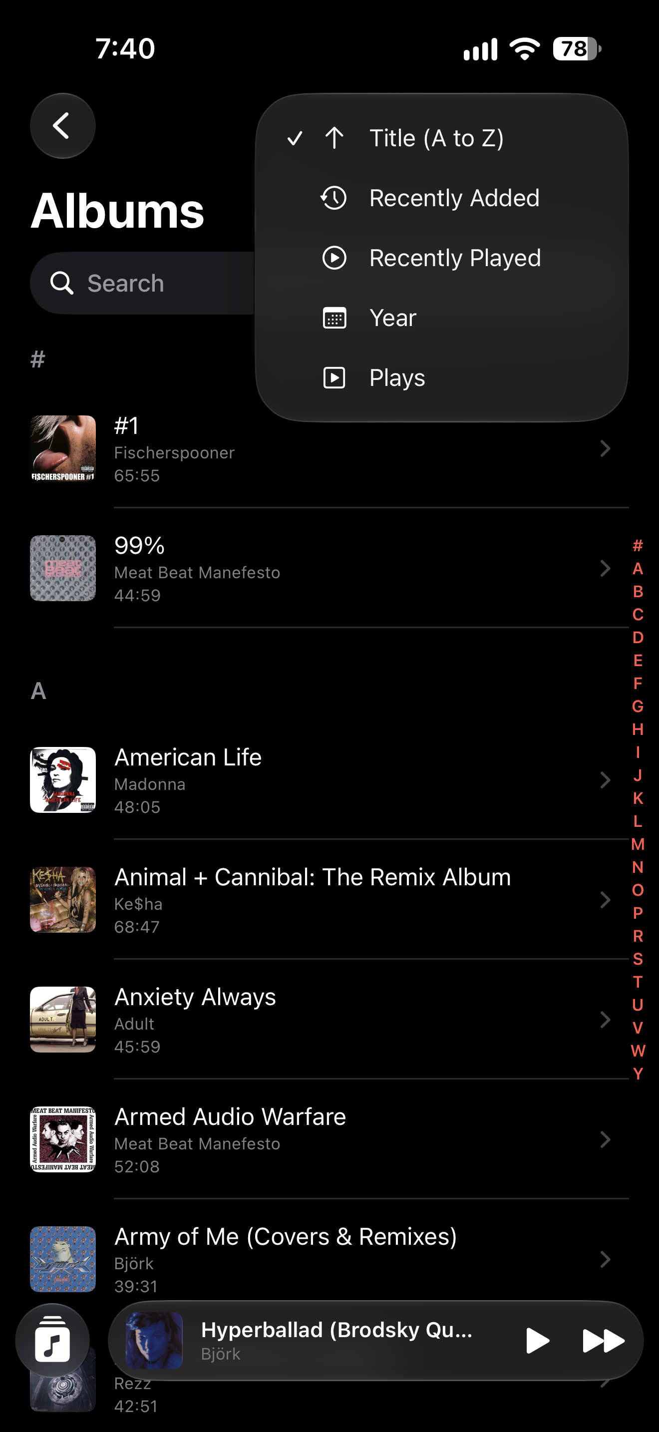 Albums list sort